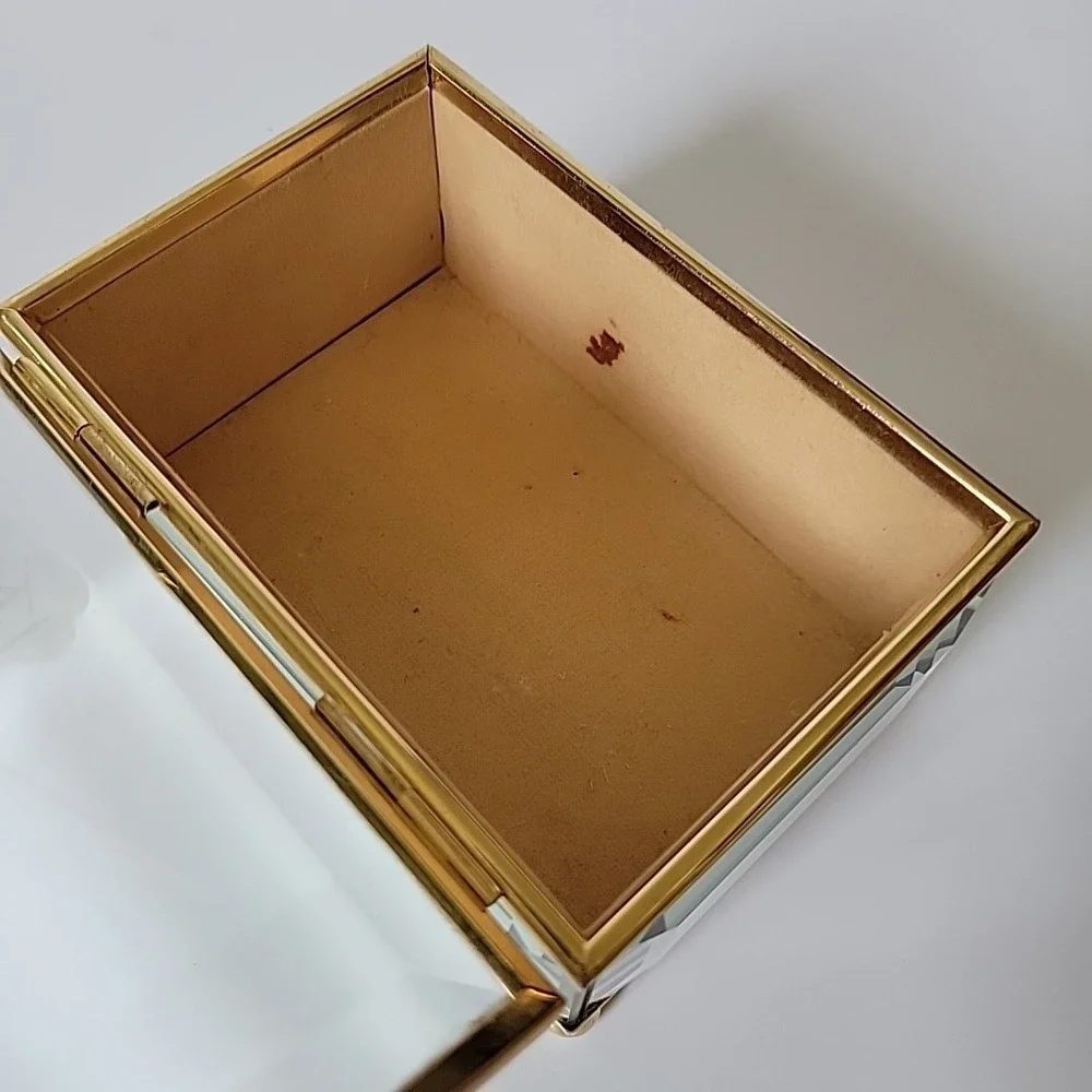 Vintage Beveled Mirrored‎ Glass Brass Trim Trinket Jewelry Box Etched Floral Lid